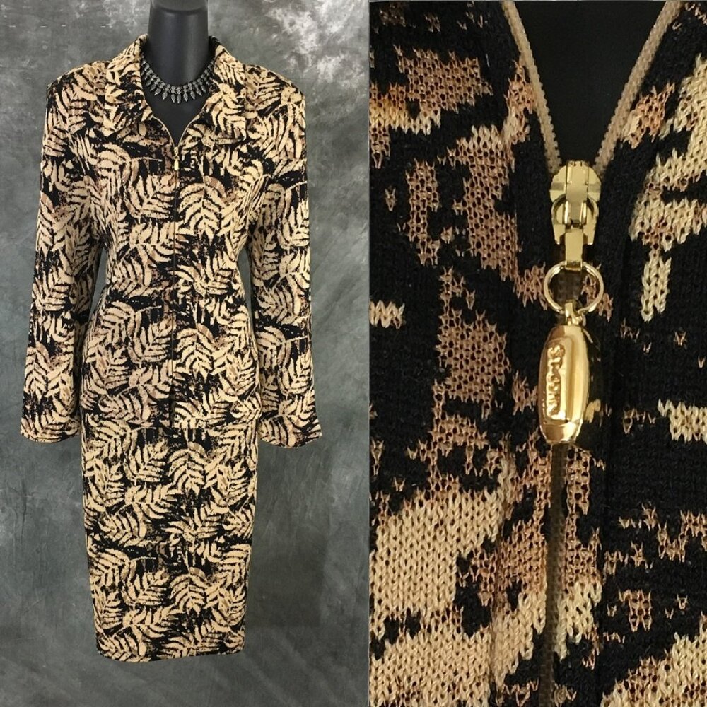 BEAUTIFUL St John collection knit beige black multi jacket skirt suit size 12